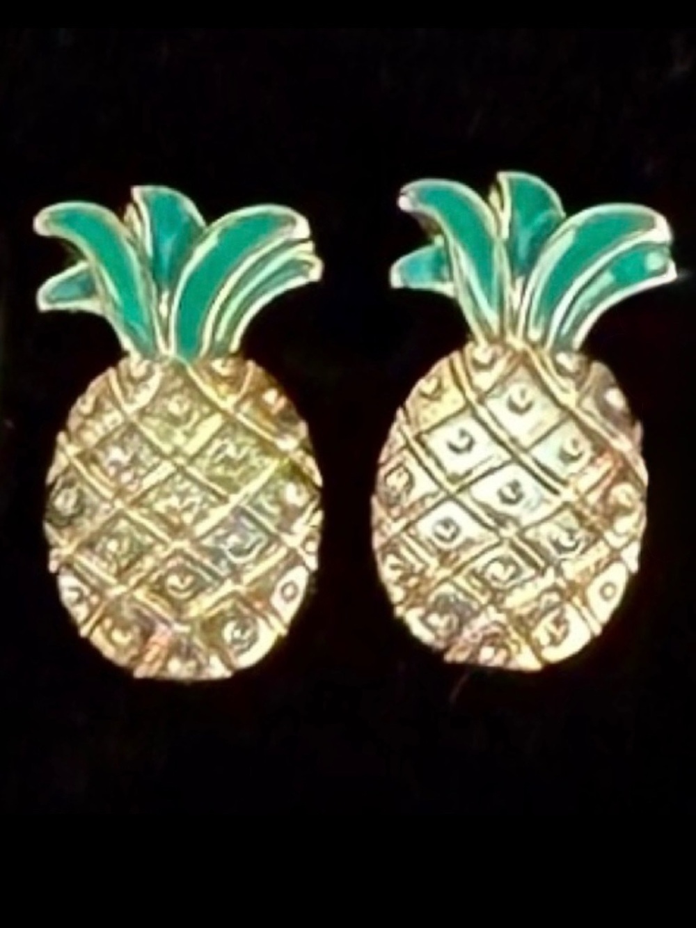 Vintage aged Goldtone and Green Pineapple Pierced Earrings